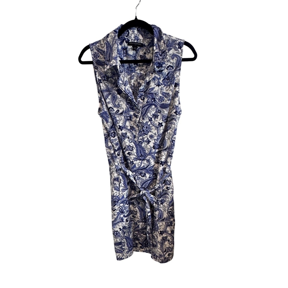 Banana Republic Blue White Paisley Sleeveless Shirt Dress Belted Size 12
